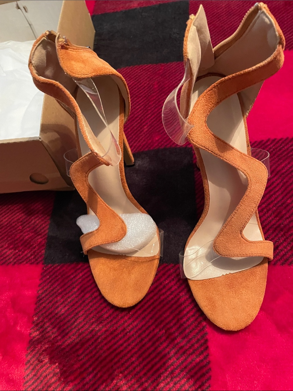 Orange Suede Wavy Strap High Heel Sandals